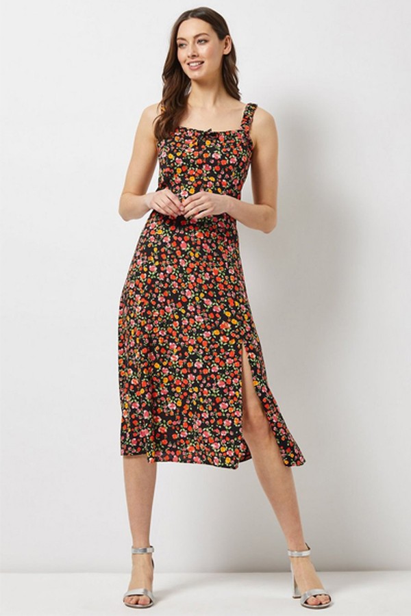 Black Ditsy Floral Print Midi Dress