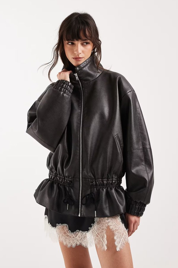 Toggle Waist Leather Look Funnel Zip Through Jacket from Topshop