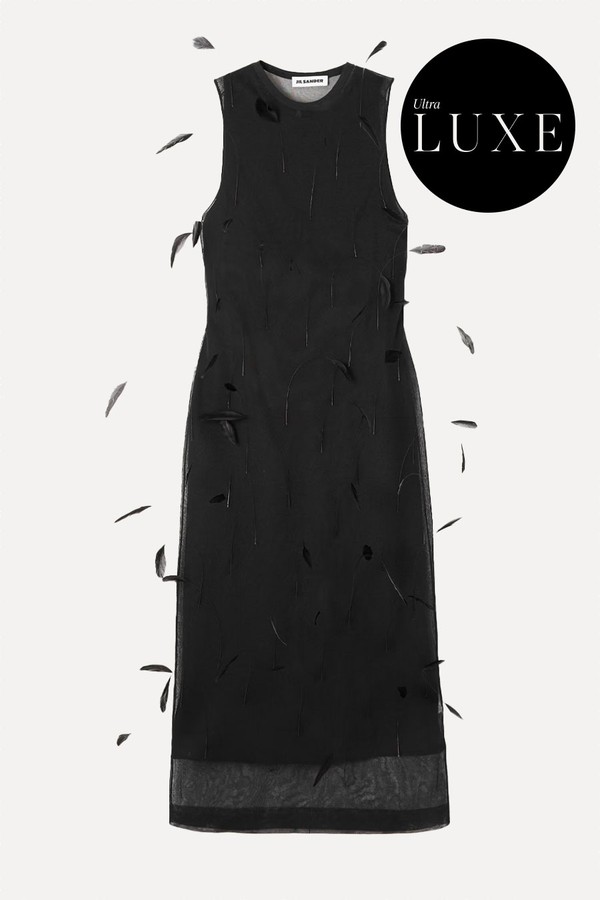 Feather-Embellished Layered Knitted-Silk Midi Dress from JIL SANDER
