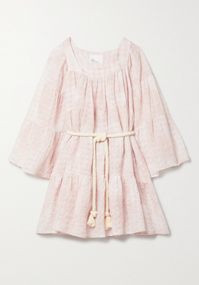 Belted Checked Linen And Cotton-blend Voile Mini Dress from Lisa Marie Fernandez