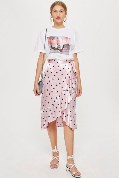 Satin Spot Ruffle Midi Skirt from Topshop