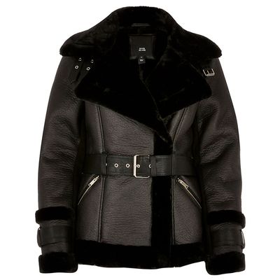 Black Belted Shearling Jacket