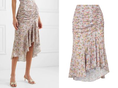 Frieda Asymmetric Ruched Floral-Print Crepe Midi Skirt from Alice + Olivia