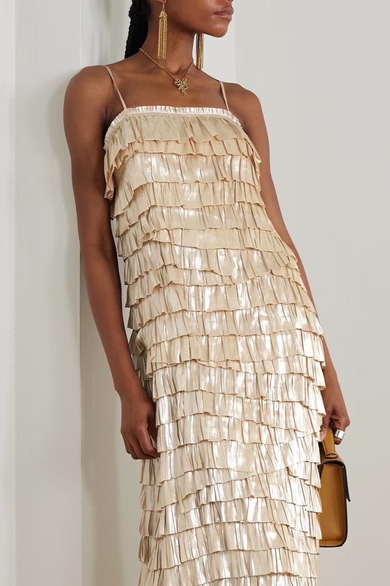 Samara Tiered Plissé-Satin Midi Dress from Ulla Johnson