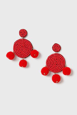 Red Bead And Pom Earrings