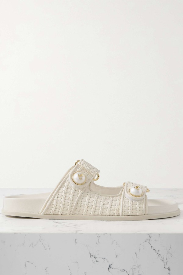 Fayence Faux Pearl-Embellished Raffia Slides from JIMMY CHOO