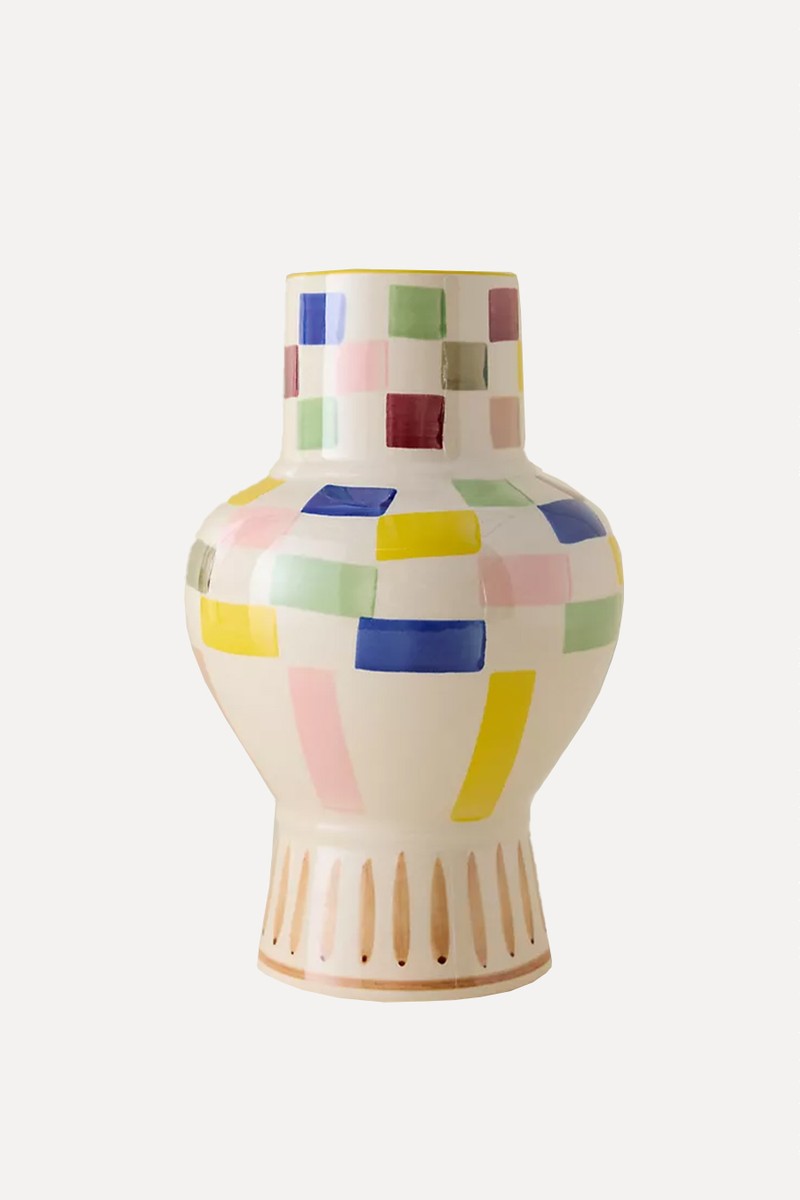 Hand-Painted Check Stoneware Vase from Anthropologie
