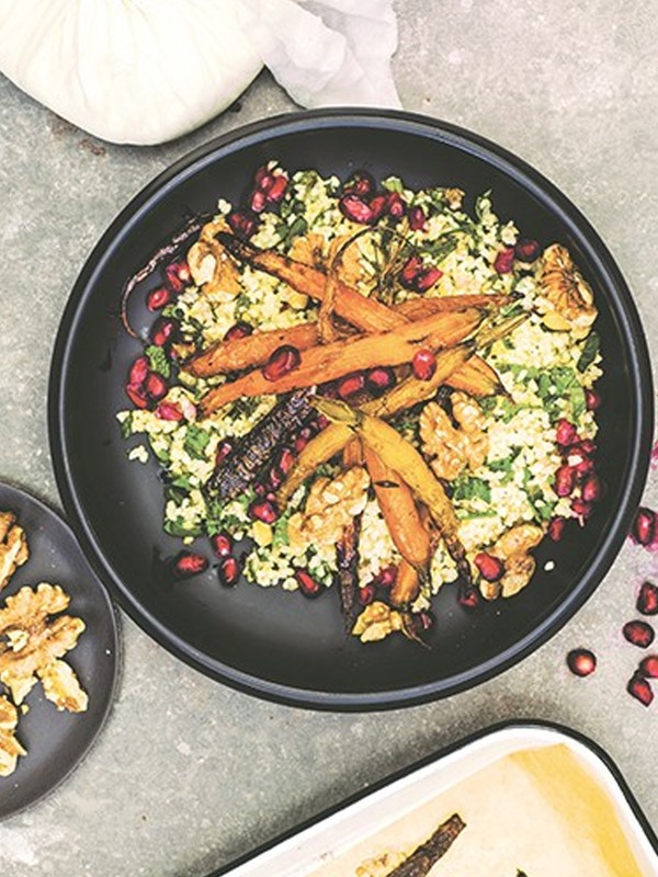 Honey Roasted Carrot Salad With Bulgur Wheat, Walnuts, Pomegranate Seeds & Labneh