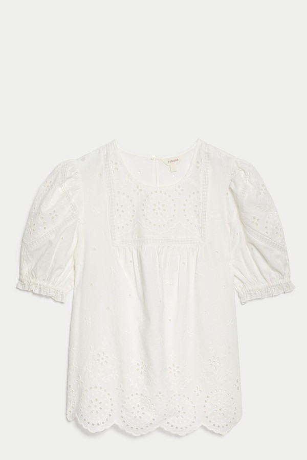 Pure Cotton Broderie Puff Sleeve Blouse from Marks & Spencer