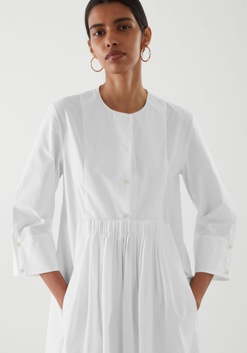 Collarless Pleated Shirt Dress