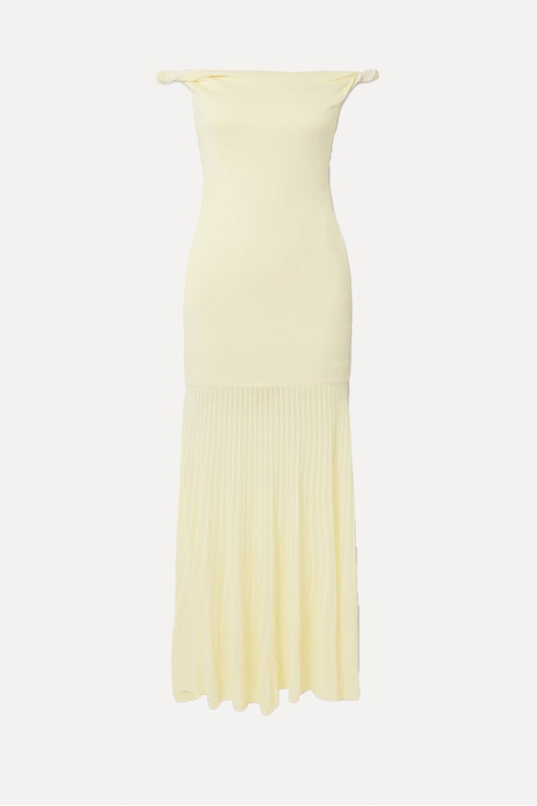 Elia Off-The-Shoulder Twisted Pleated Knitted Midi Dress from SIR