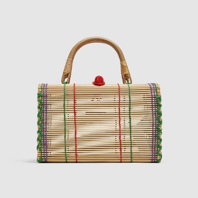 Straw Bag with Multicoloured Top Stitching