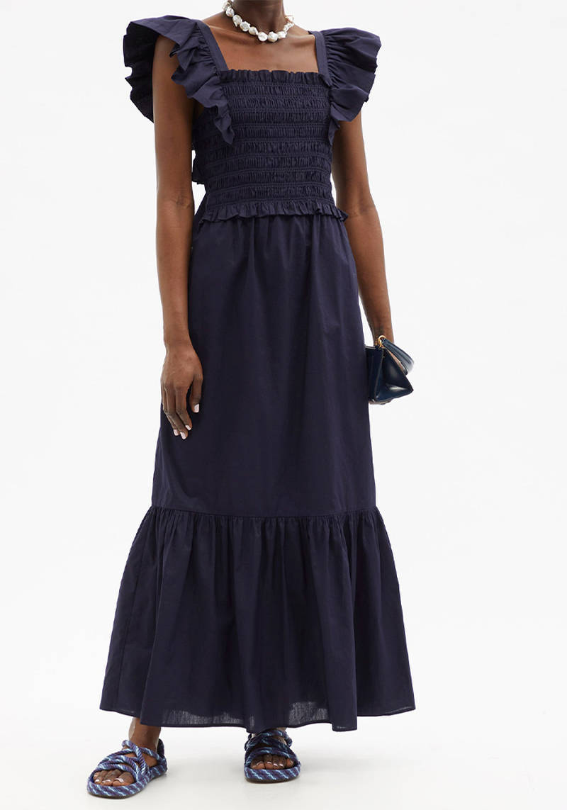 Gladys Ruffled Shirred Cotton Poplin Maxi Dress