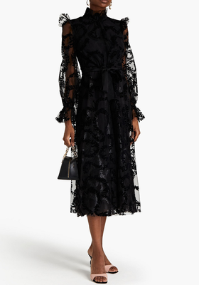Belted Ruffle-Trimmed Flocked Tulle Midi Dress from Zimmermann