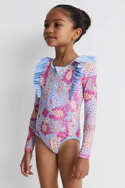 Poppy Floral Print Ruffle Long Sleeve Swimsuit  from Reiss
