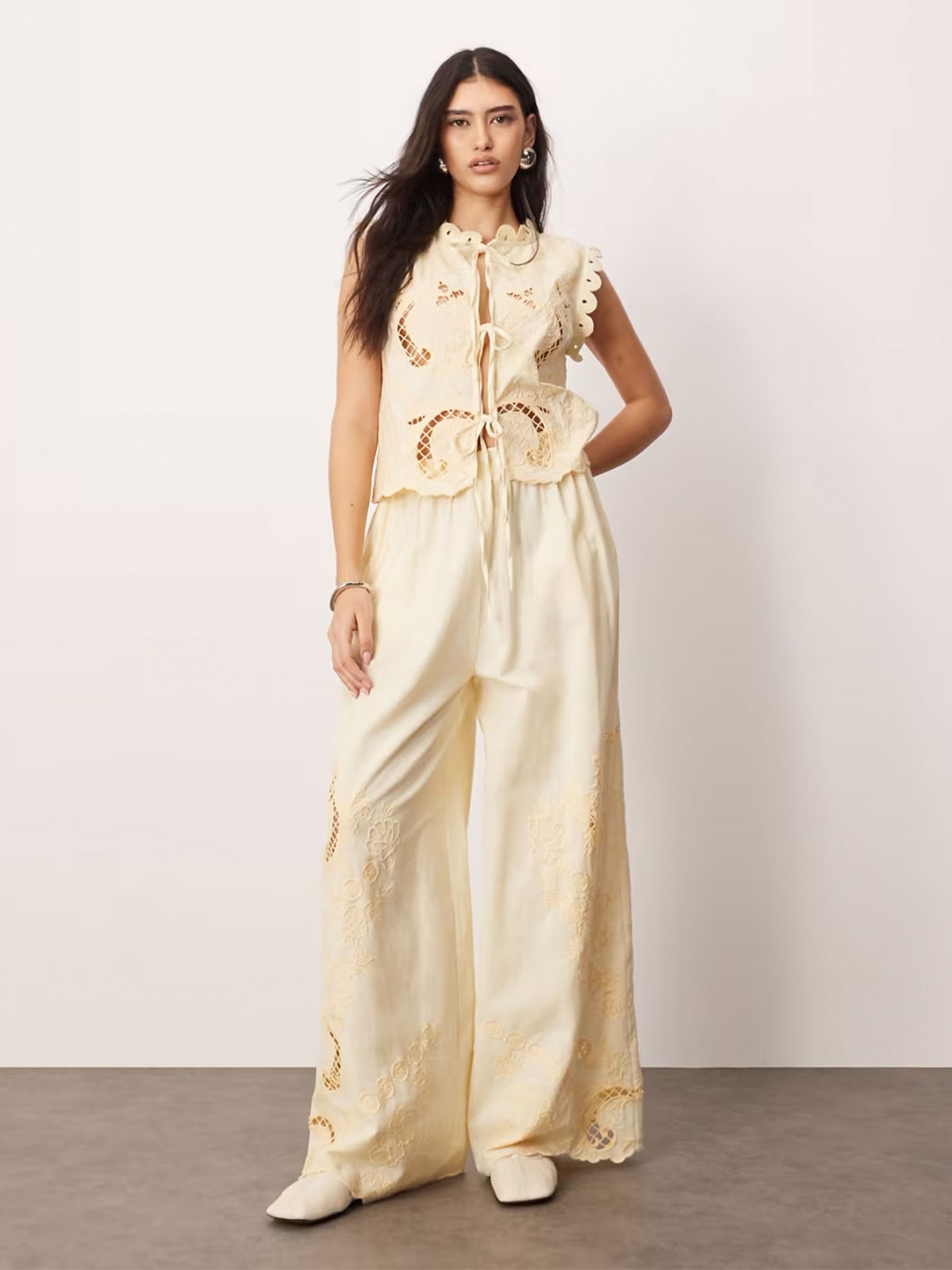 Cotton Embroidered Cutwork Tie Front Top Co-ord