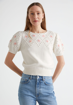 Embroidered Puff Sleeve Knit Sweater