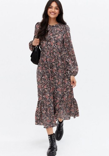 Black Floral Frill Collar Tiered Midi Dress