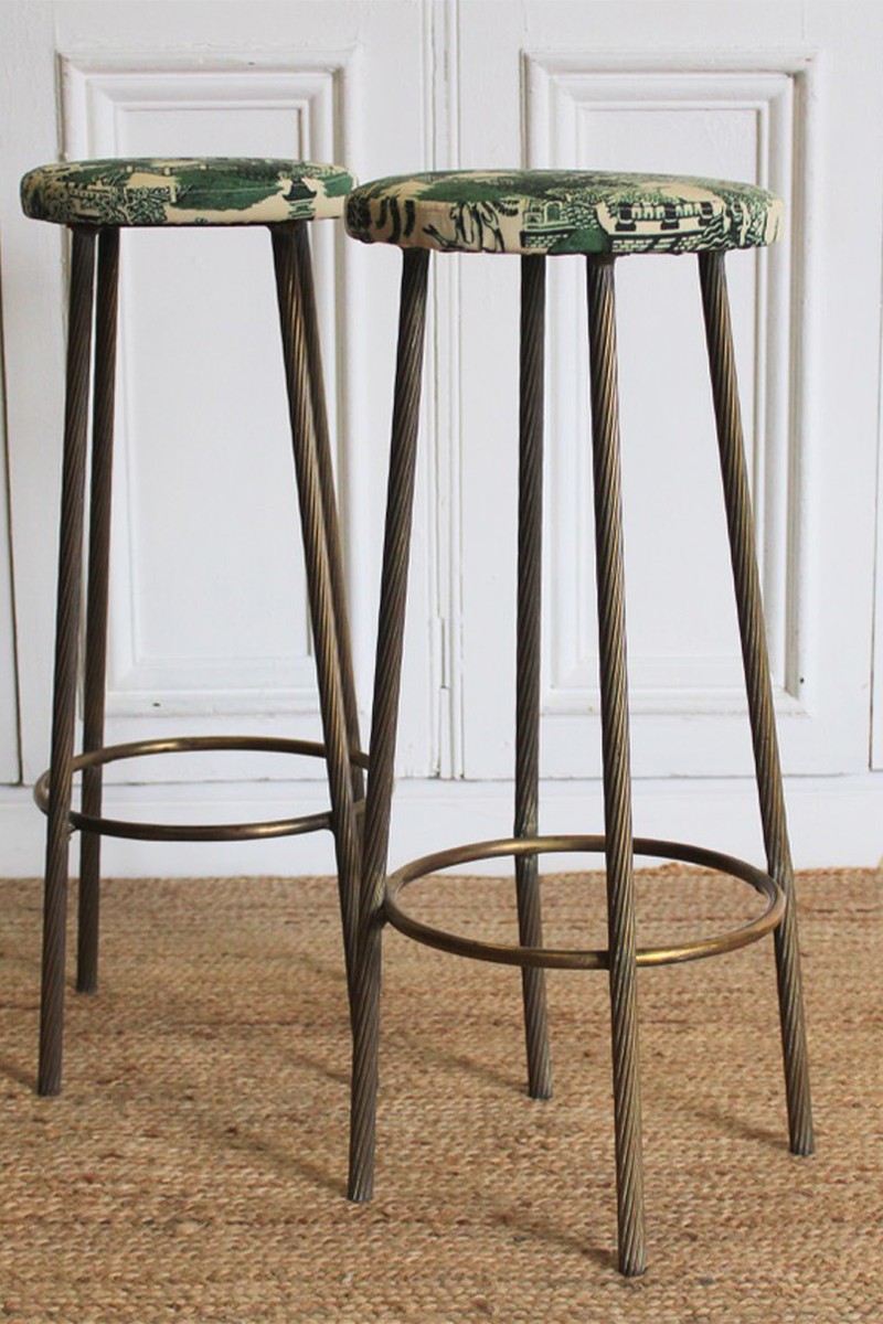 Pair Of 1950s/60s Brass Stools Upholstered In Willow Tree from Beata Heuman