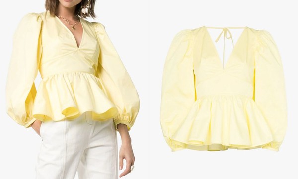 V-Neck Peplum Hem Stretch-Cotton Blouse from Staud
