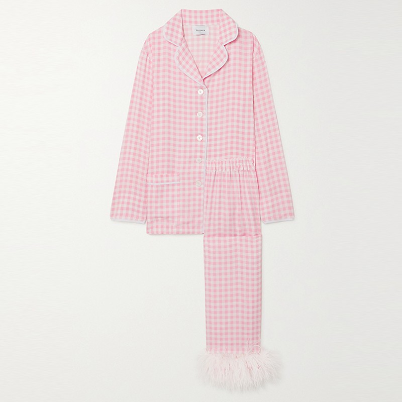 Feather-Trimmed Gingham Crepe De Chine Pajama Set, £220 | Sleeper