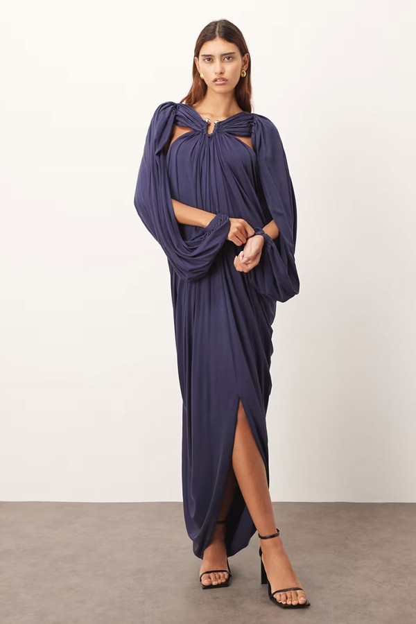 Drape Midi Dress With Balloon Sleeve & Hardware Detail