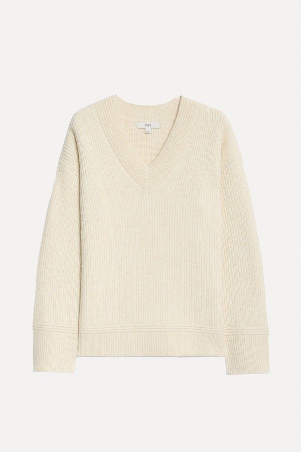 Cloud-Yarn Ribbed V-Neck Jumper, £28.80 (was £36) | Marks & Spencer