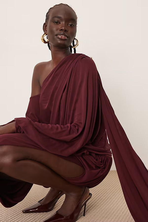 Fallen Shoulder Draped Midi Dress With Train Back from Arrange