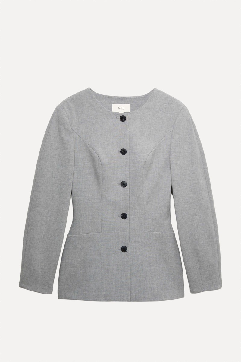 Tailored Hourglass Collarless Cinched Waist Jacket