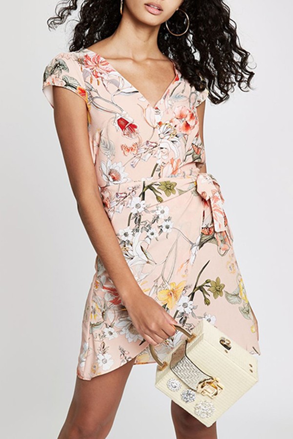 Pink Floral Wrap Tie Side Mini Dress