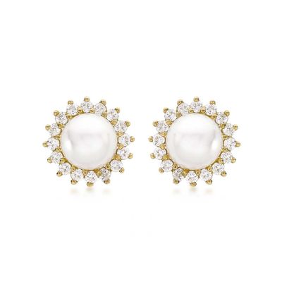 9ct Yellow Gold Pearl & Zirconia Cluster Stud Earrings from Harper Kendall