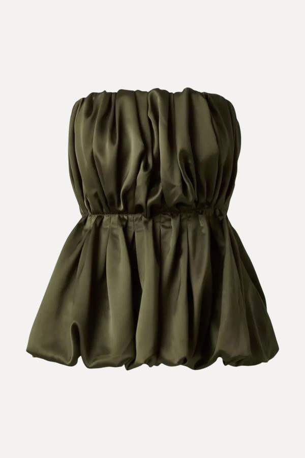 Charlize Pleated-Front Sleeveless Satin Balloon Blouse from Malina