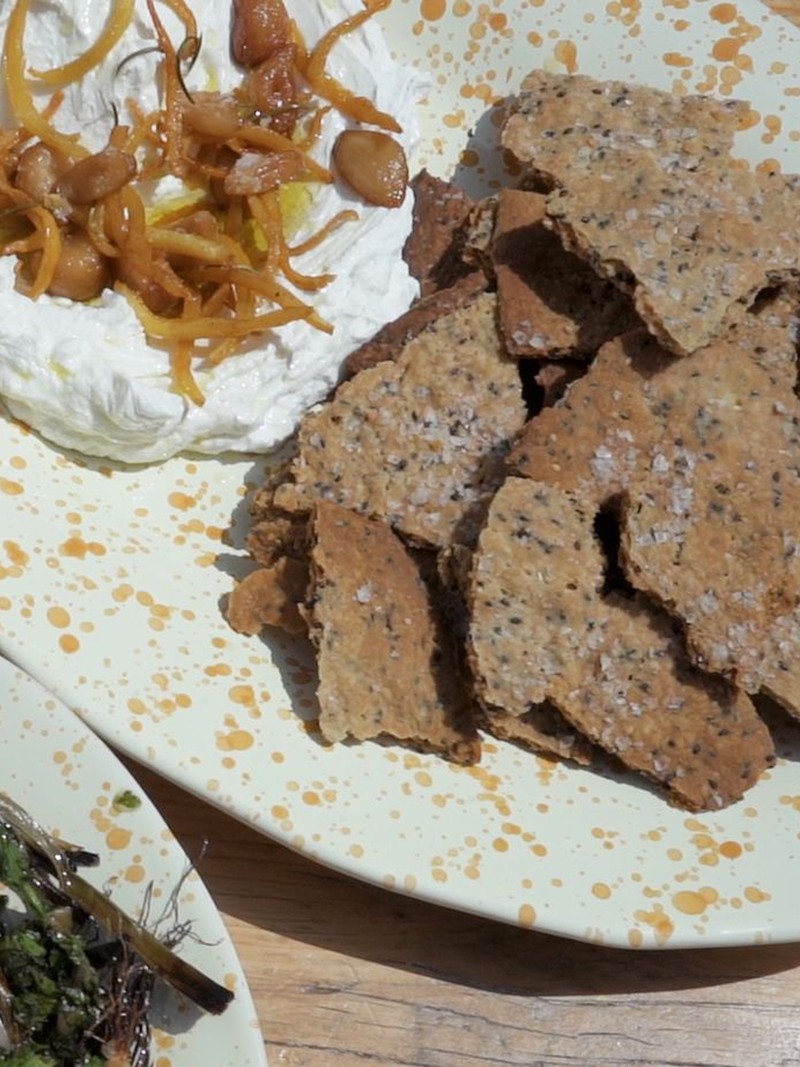 Seeded Spelt Crackers, Labneh, Confit Garlic & Lemon