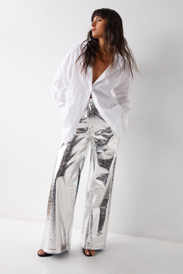 Metallic Crackle Faux Leather Wide Leg Trousers, £52.50 (were £75) | Warehouse