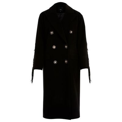 Black Fringe Double Breasted Longline Coat