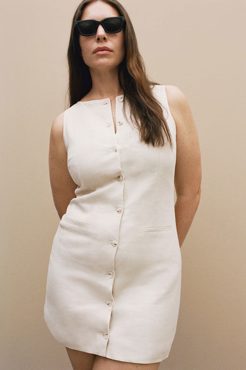 Short Button-Down Linen-Blend Dress