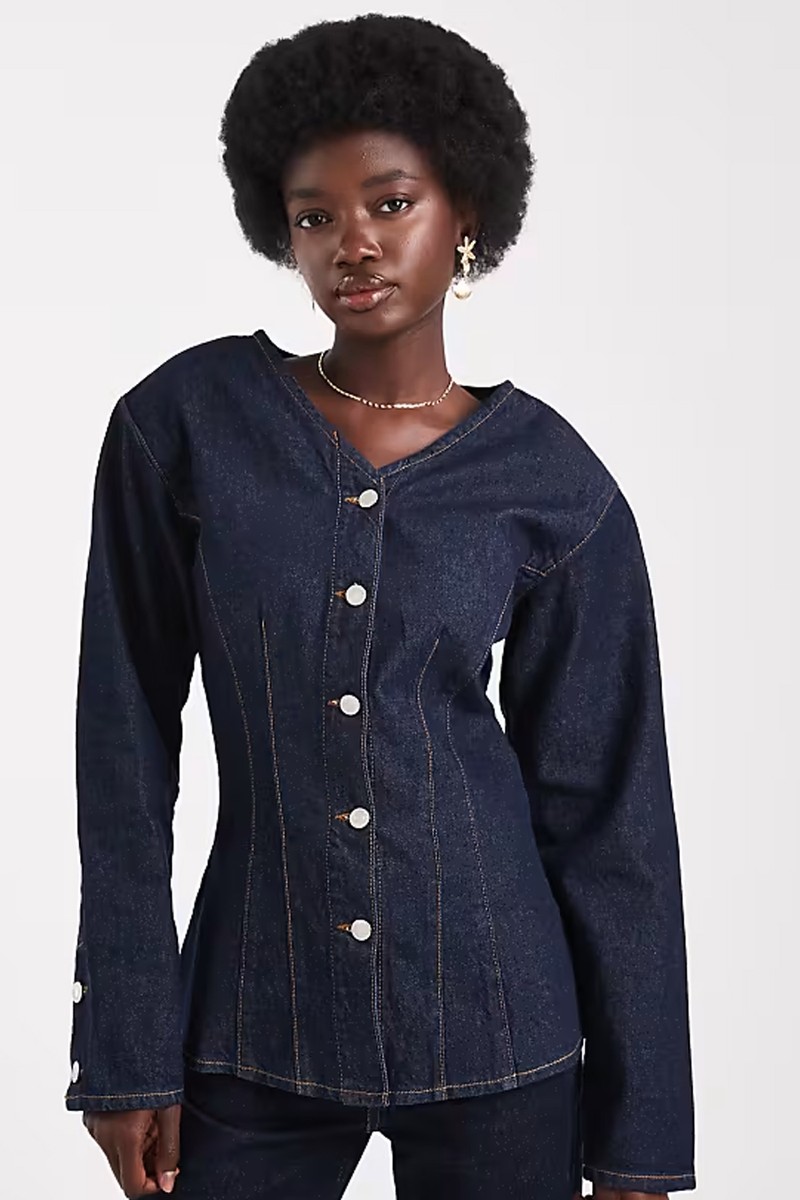 Denim High V Neck Cinch Shirt With Shoulder Pads from ASOS DESIGN