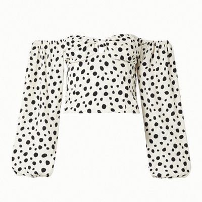 Simi Off-The-Shoulder Polka-Dot Crepe De Chine Blouse from Reformation