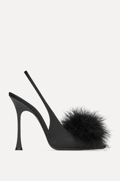 Paradis Feather-Trimmed Satin Slingback Sandals from Saint Laurent