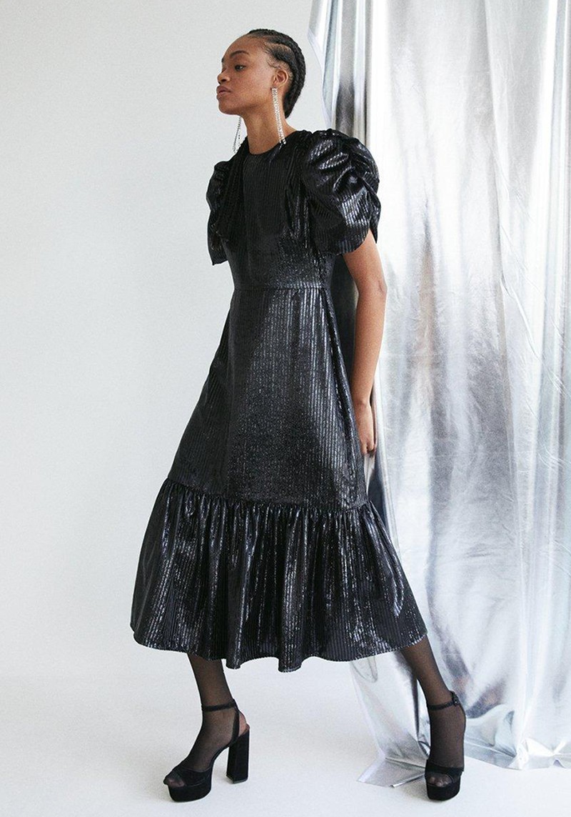 Sparkle Stripe Velvet Puff Sleeve Midi Dress from Warehouse