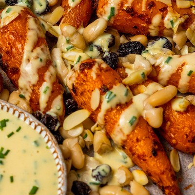 Roasted Harissa Baby Carrots & Cannellini Beans With A Yogurt Drizzle