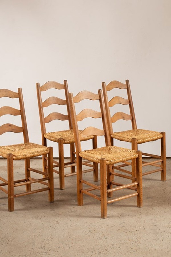 Set Of 4 Mid Century French Oak & Rush Chairs from Soap & Salvation