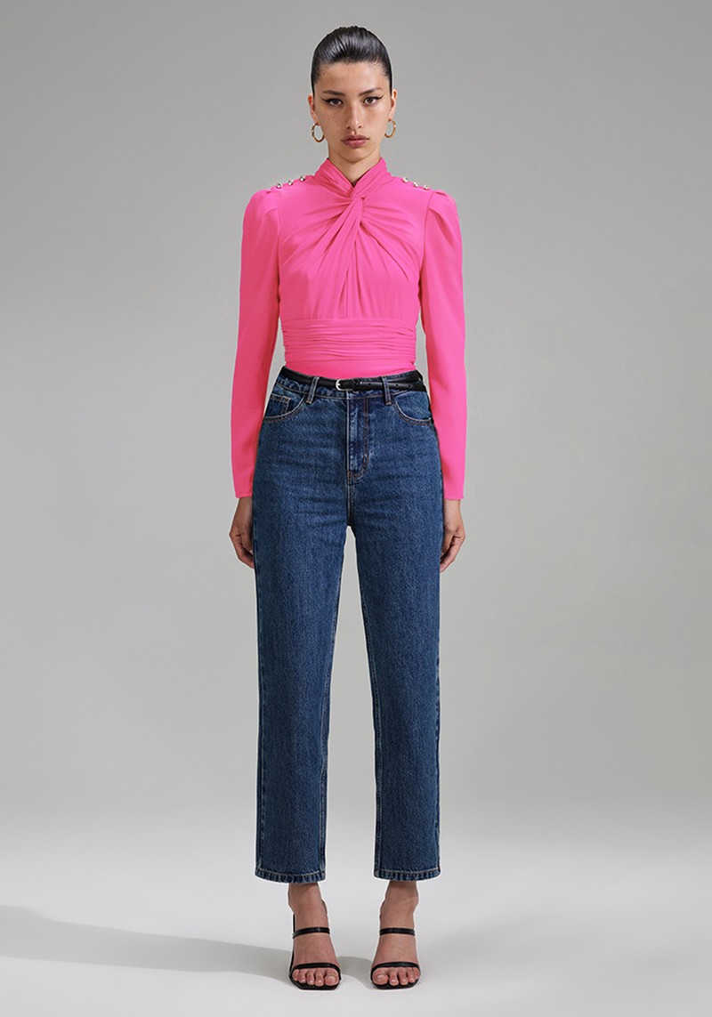 Pink Stretch Crepe Twisted Collar Top