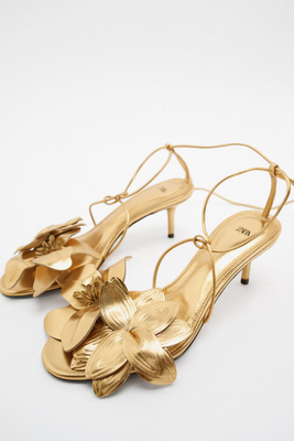  Floral Lace-Up Mid-Heel Leather Sandals from Zara