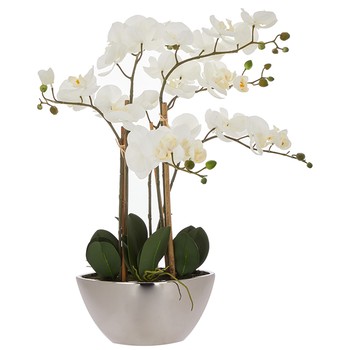 White Artificial Orchid In Silver Tone Pot