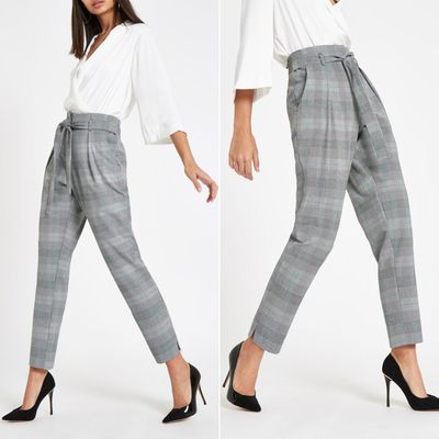 Grey Check Belted Tapered Trousers
