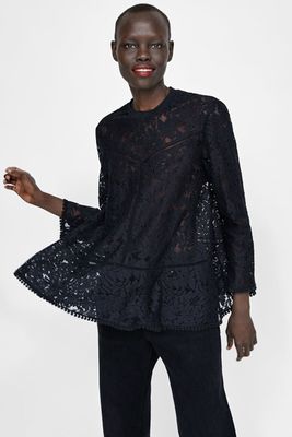 Lace Top with Contrasting Ribbing Details from Zara
