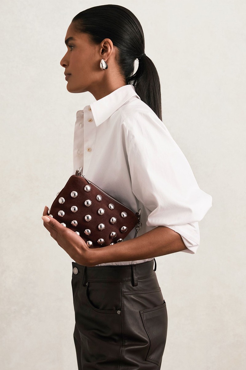 Leandra Suede Studded Shoulder Bag from Reiss