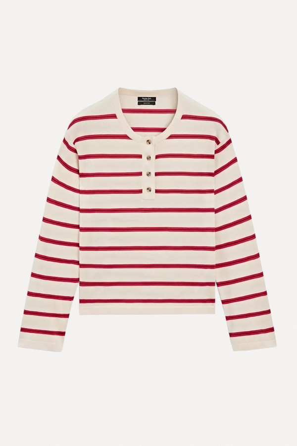 Striped Knit Cotton Henley Sweater
