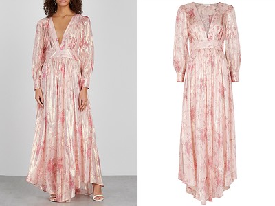 Cyrene Floral-Print Lamé-Weave Maxi Dress from LoveShackFancy